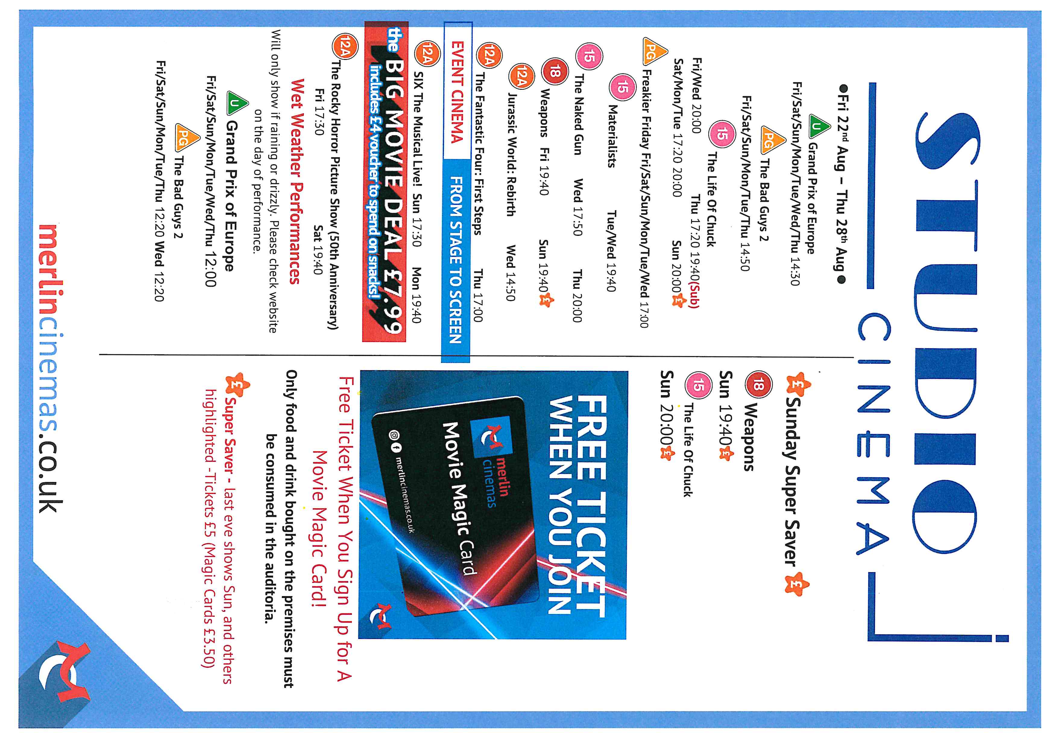 Studio Cinema Listings 22nd Aug - 28th Aug
